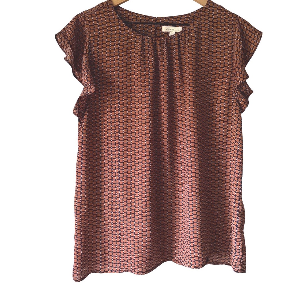 Alex & Lili Flutter Sleeve Blouse Womens Large Brown/Dk blue Geometric Print